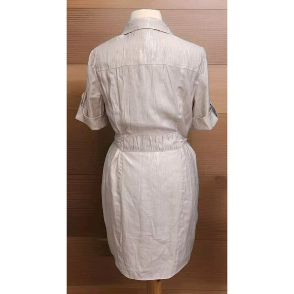Chico's Button Front Shirt Dress Beige Shimmer 3.5/ XL Short Sleeves Pockets - Picture 7 of 15
